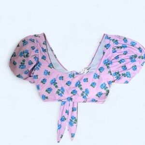 Pink Lily Pink Floral Tie-Front Puff Sleeve Bikini Top with Blue Blooms